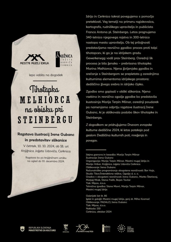 2 MMI Cerknica letak za TISK page 002 726x1024 - Tihotapka Melhiorca na obisku pri Steinbergu - razstava ilustracij Irene Gubanc